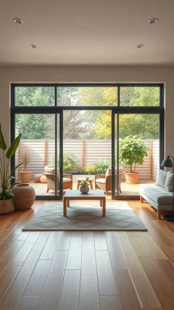 29+ Stunning Family Room Addition Ideas for Your Home 12 A family room with large glass doors leading to an outdoor patio, featuring comfortable seating and plants.