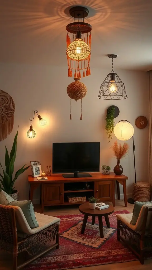 29+ Stunning Boho-Inspired Entertainment Centers to Transform Your Space 14 A cozy boho entertainment center featuring unique lighting fixtures, including a central pendant light with tassels and various wall sconces.