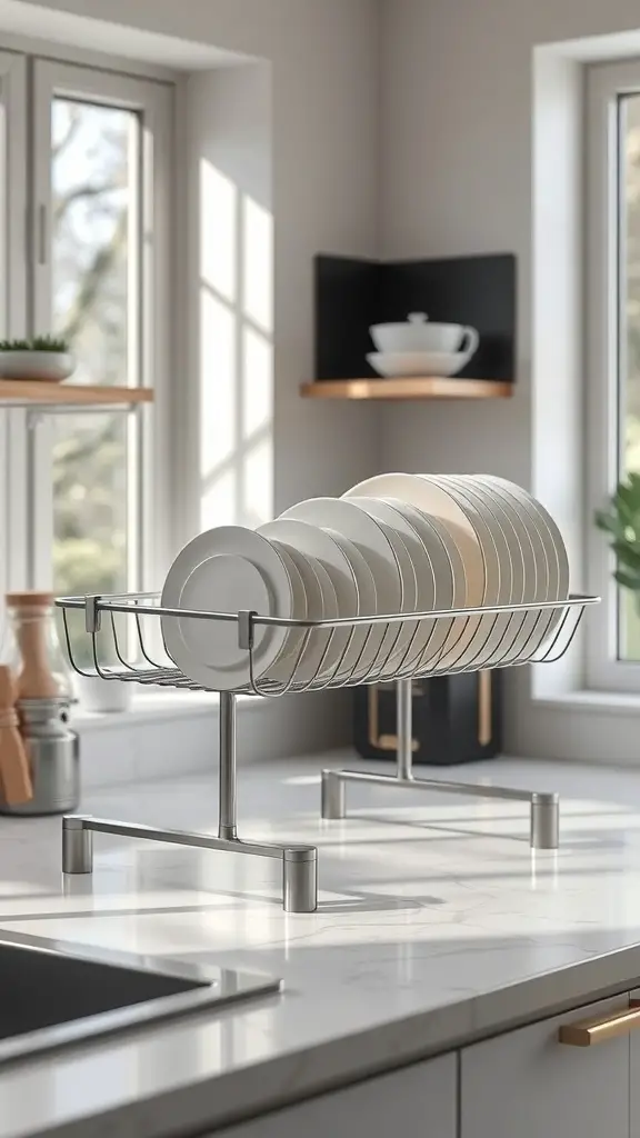 15 Must-Have Kitchen Gadgets for Ultimate Organization 13 A modern dish rack holding white plates on a kitchen countertop.