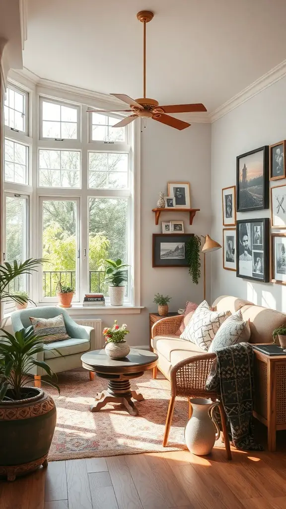 A cozy sunroom with framed artwork and family photos on the wall, featuring plants and comfortable seating.