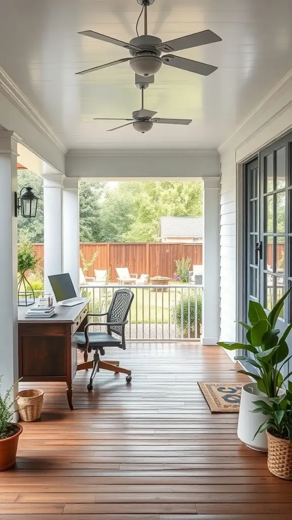 A home office setup on a covered porch with a desk, chair, and plants, overlooking a garden.