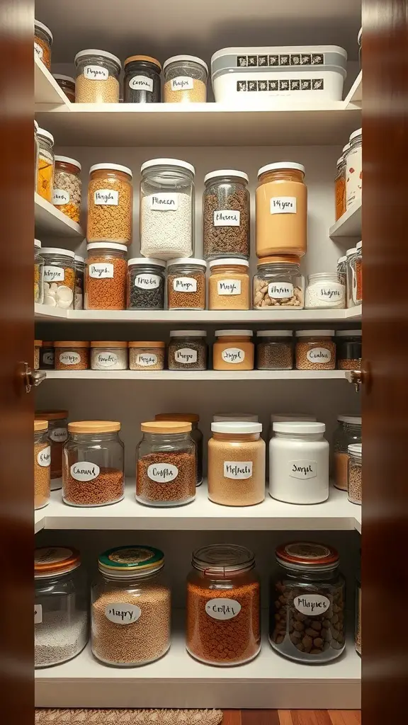 Organized kitchen pantry with labeled jars containing various ingredients.