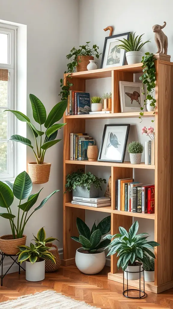 A stylish corner bookshelf with books, plants, and decorative items.