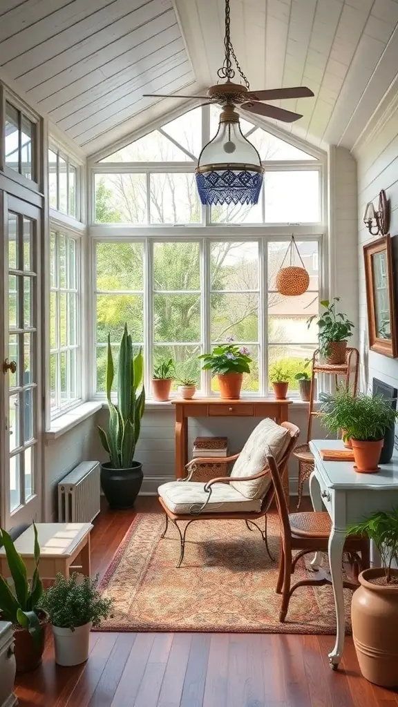 Cozy sunroom with vintage elements, including a wooden chair, patterned rug, and plants.
