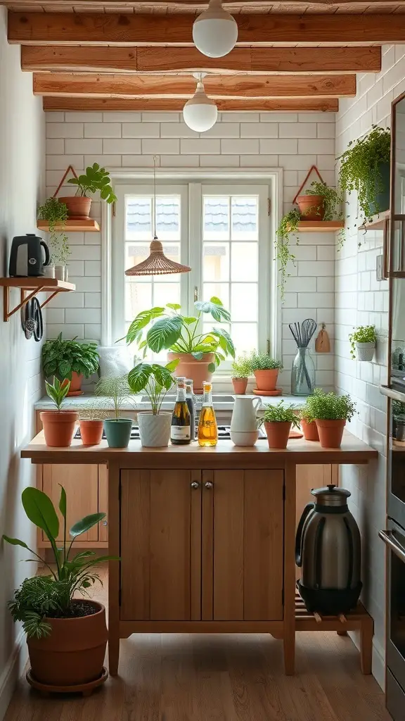 A small kitchen with an island, filled with various potted plants on shelves and the countertop.