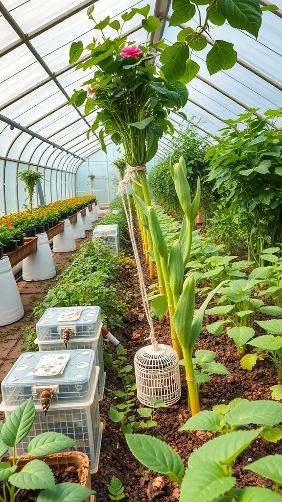 27+ Inspiring Inside Greenhouse Ideas 13 A vibrant greenhouse filled with various plants, showcasing a mix of flowers and vegetables, highlighting pest control strategies.