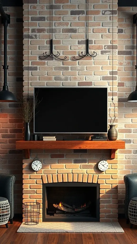 Industrial style mantel with a TV, brick wall, and metal accents