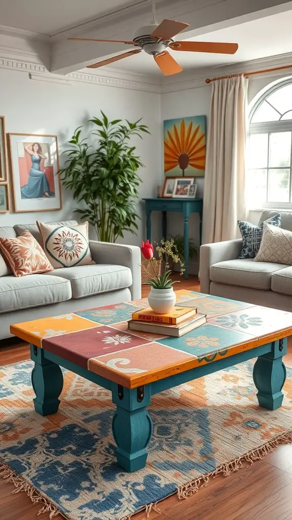 27+ Stunning DIY Coffee Table Ideas You Can Create at Home 12 A colorful painted coffee table with stencils in a cozy living room setting.