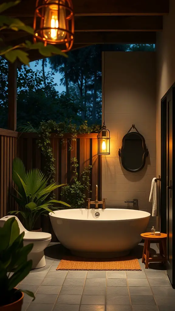 A semi-outdoor bathroom with warm lighting, featuring a bathtub, plants, and cozy decor.