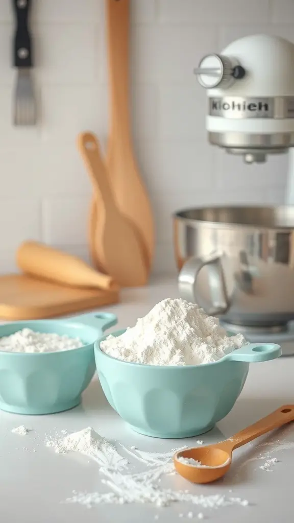 A kitchen setup with bowls of flour, a stand mixer, wooden spoons, and a rolling pin.