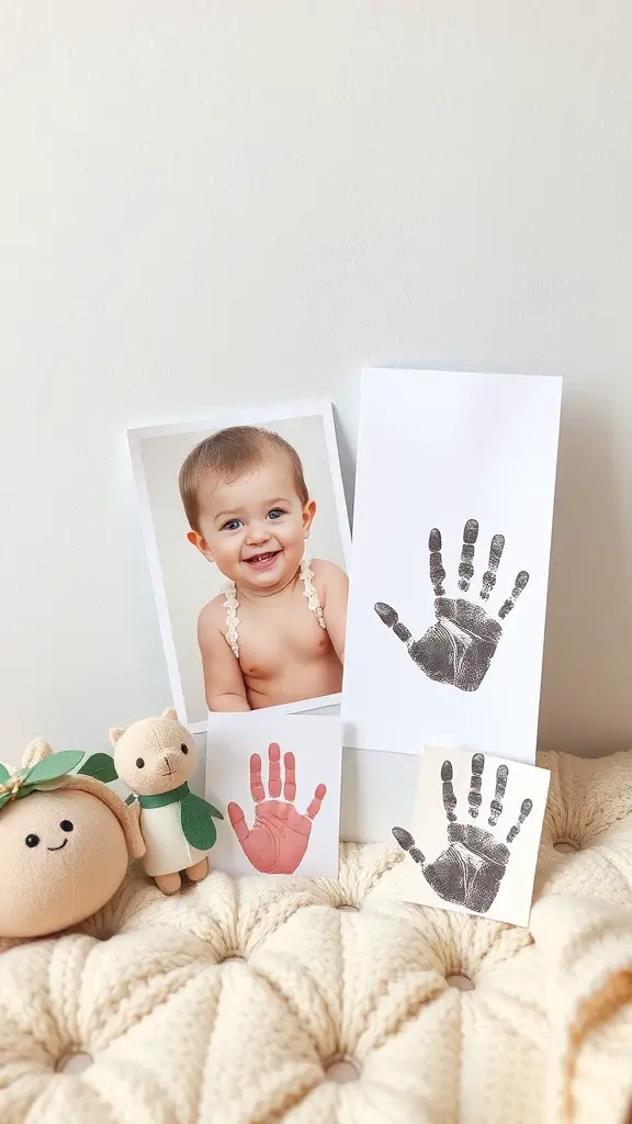 23+ Unique Memory Box Ideas s 14 A smiling baby with handprints displayed in a creative memory box setup.