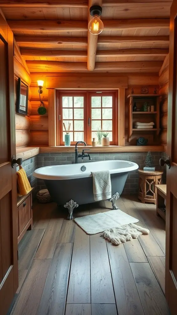 Cozy rustic bathroom with wooden accents and a clawfoot tub