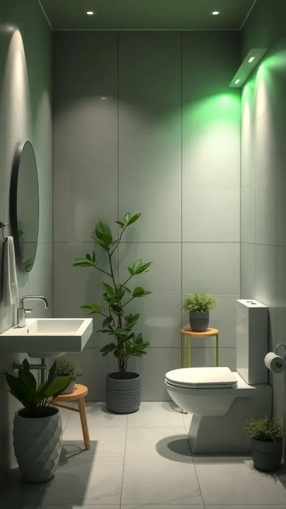 A modern green bathroom with energy-efficient lighting and plants.
