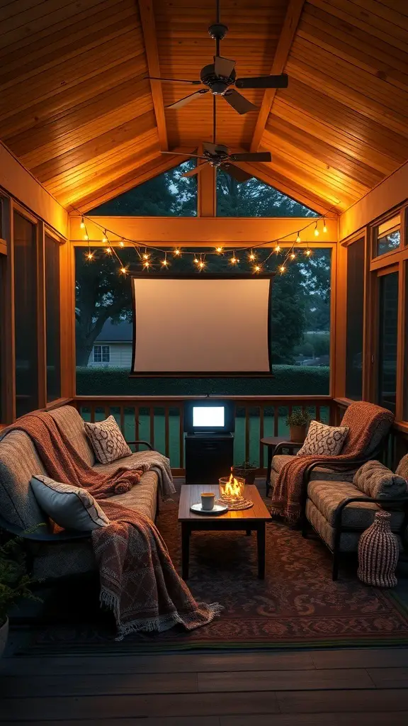Cozy movie night setup in a screened-in porch with projector, warm lighting, and comfortable seating.