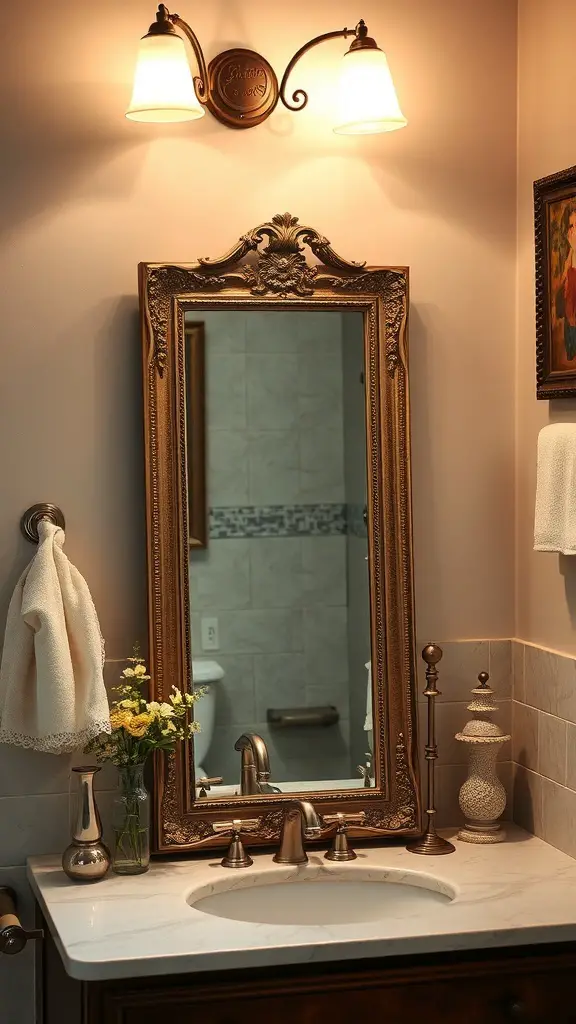 Decorative mirror with ornate frame and soft lighting in a bathroom setting.