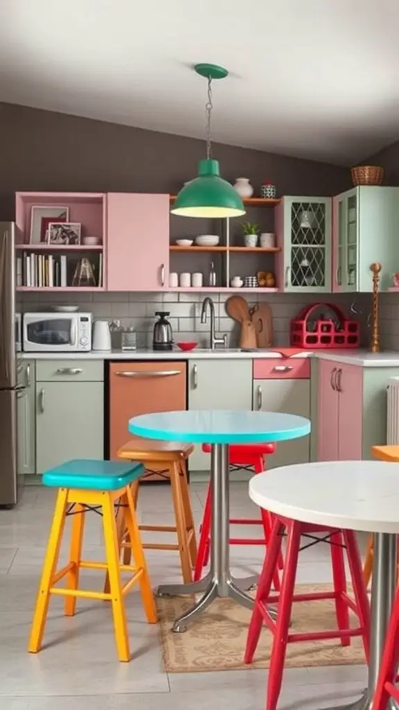 A colorful kitchen with retro furniture including vibrant stools and tables.