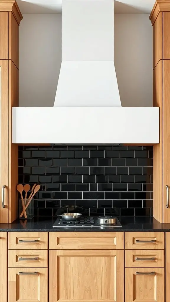 A modern kitchen with a black backsplash and wooden cabinetry.