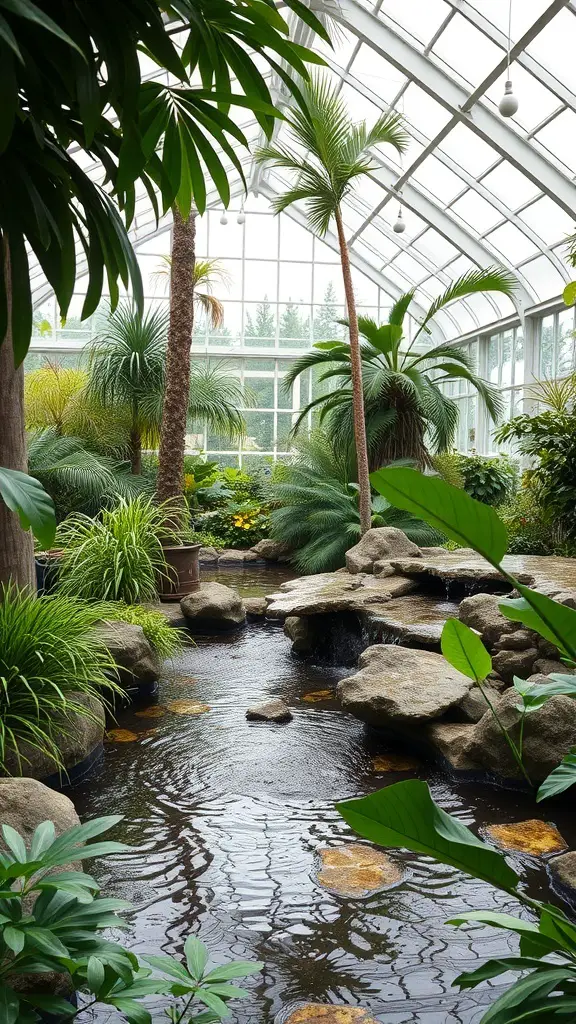 27+ Inspiring Inside Greenhouse Ideas 16 Indoor greenhouse featuring a water feature with rocks and lush greenery