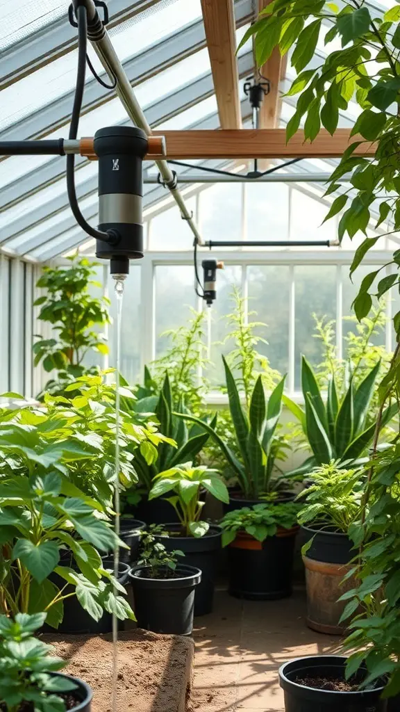 29+ Stunning Attached Greenhouse Sunroom Ideas for Your Home 16 A greenhouse sunroom with a drip irrigation system watering various potted plants.