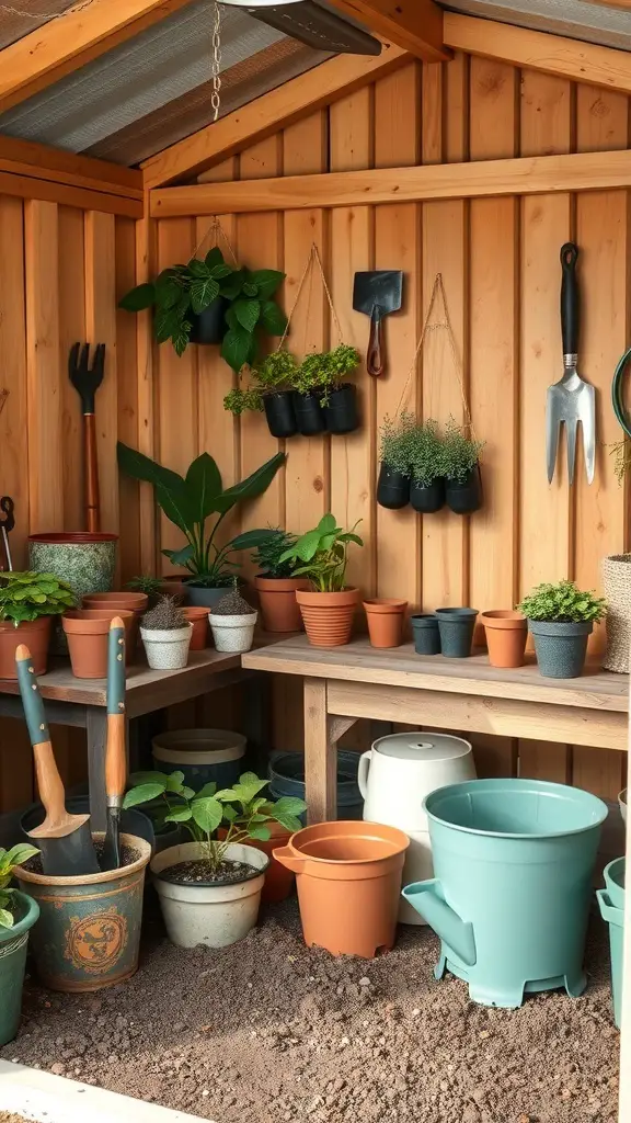 27+ Smart Small Shed Storage Ideas You Need to Try 15 A cozy potting station in a shed with various pots, plants, and gardening tools.