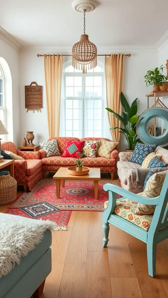 A cozy living room featuring funky painted furniture and a mix of patterns, showcasing a bohemian style.