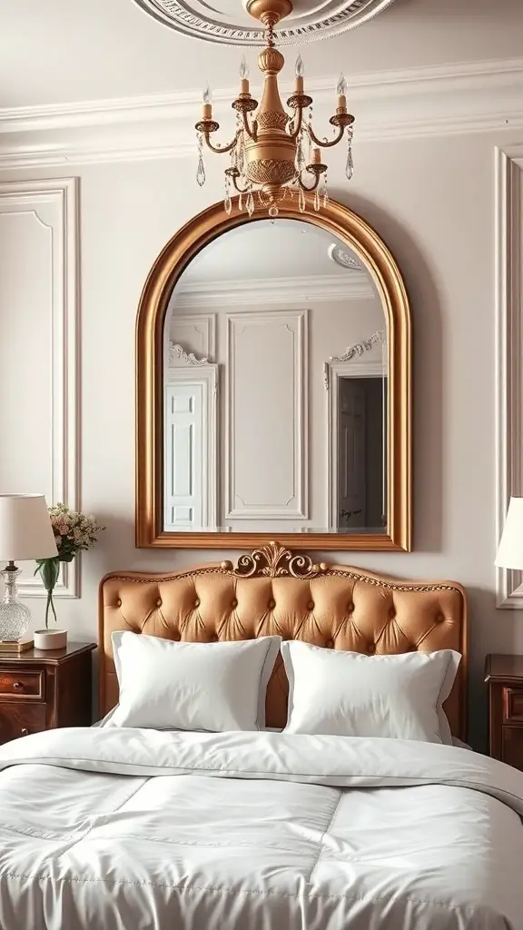 23+ Creative DIY Headboard Ideas to Transform Your Bedroom 13 Elegant bedroom featuring a framed mirror headboard with a chandelier above.