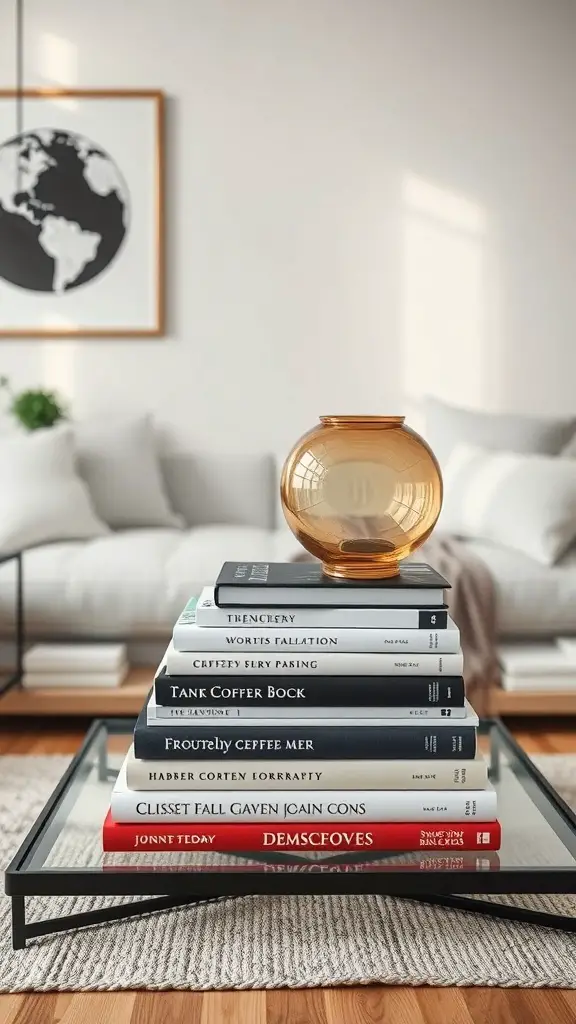 A coffee table decorated with stacked books and a glass vase