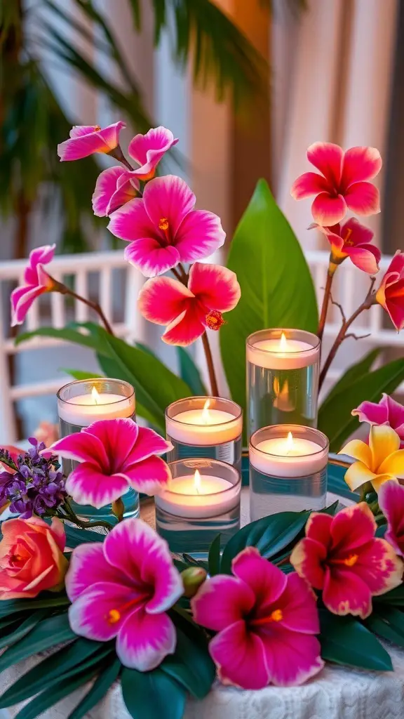A tropical flower centerpiece with pink flowers and floating candles