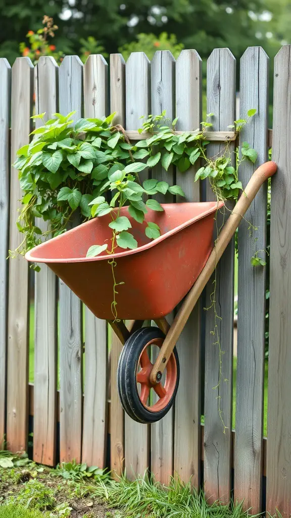 A bright orange wheelbarrow hanging on a wooden fence, filled with green plants.