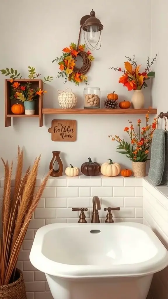 25+ Trending Bathroom Wall Decor Ideas You’ll Love 14 A cozy bathroom decorated for fall with pumpkins, autumn leaves, and warm colors.