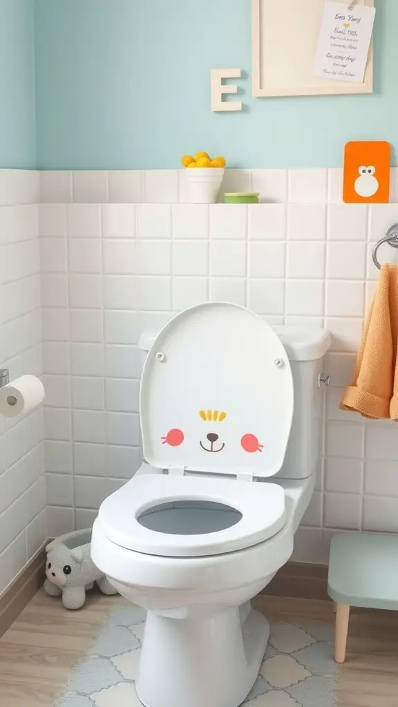 27+ Whimsical Kids Bathroom Ideas for a Fun and Functional Space 11 A cute toilet seat cover featuring a friendly animal face in a colorful kids' bathroom.