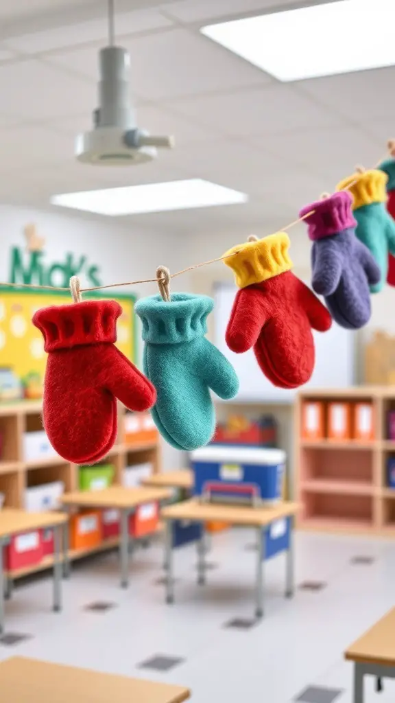 27+ Creative Winter Crafts Preschoolers Ideas 6 Colorful felt mittens hanging on a string in a preschool classroom