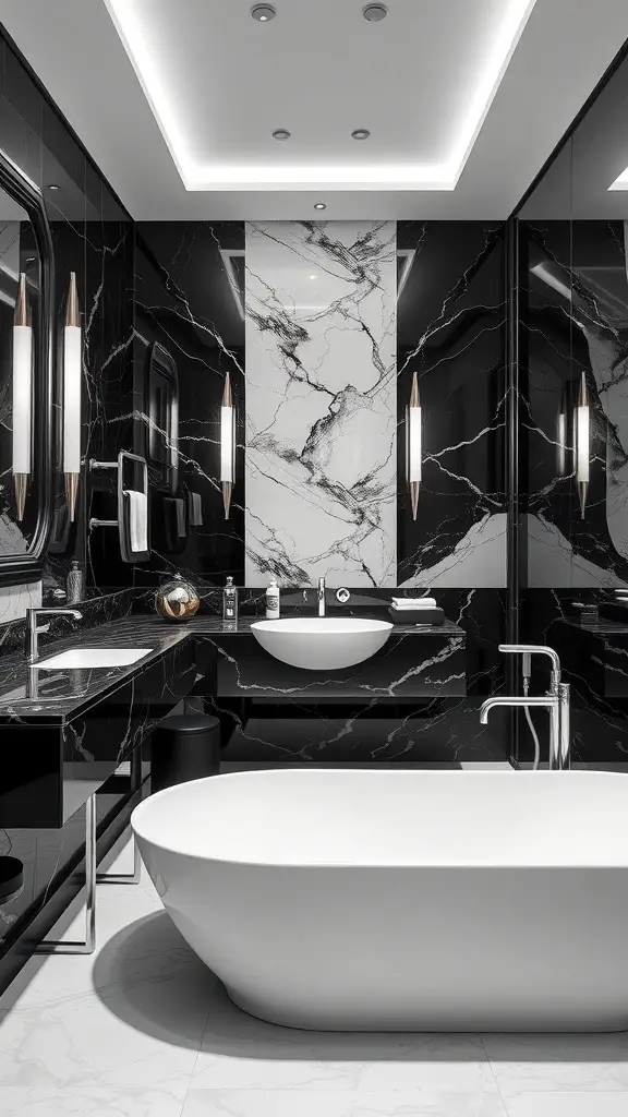 23+ Stunning Black and White Bathroom Ideas You'll Love 12 Luxurious black and white bathroom featuring marble accents and a freestanding bathtub.