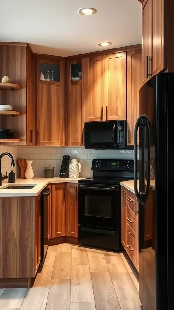 A modern kitchen featuring black appliances and warm wood cabinetry
