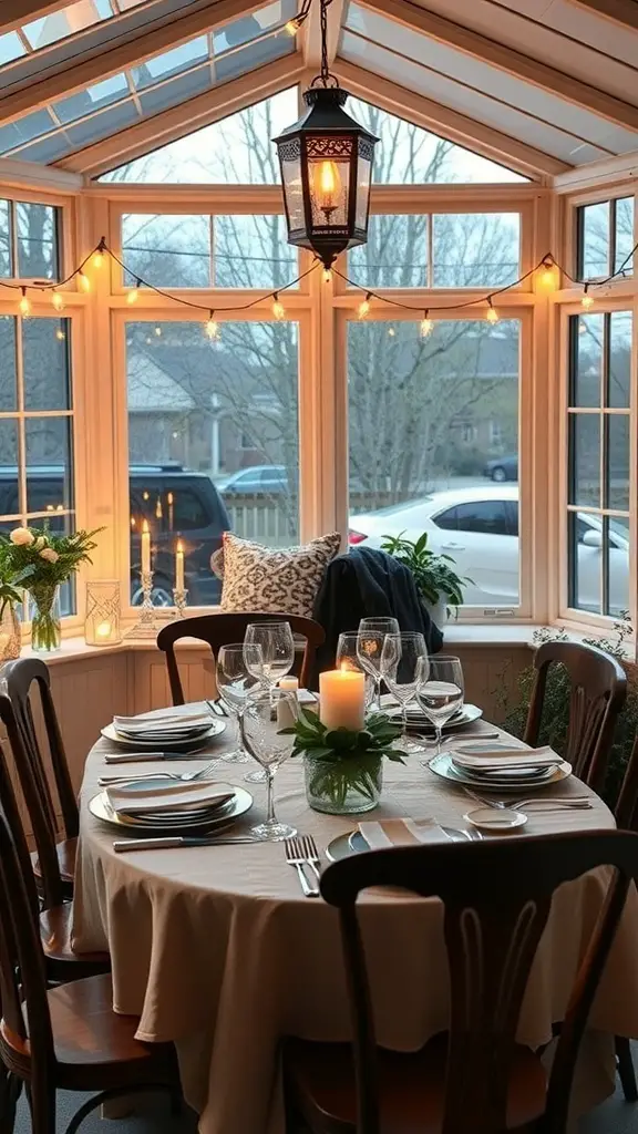 Cozy sunroom dining area with warm lighting and a beautifully set table