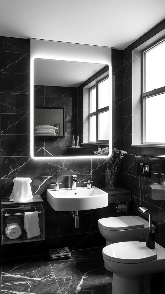 25+ Stunning Black and White Bathroom Ideas You’ll Love 10 A modern black and white bathroom featuring an illuminated mirror, large windows, and sleek fixtures.