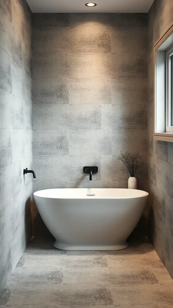 25+ Trending Bathroom Wall Decor Ideas You’ll Love 16 Modern bathroom with gray textured wall panels and a white bathtub