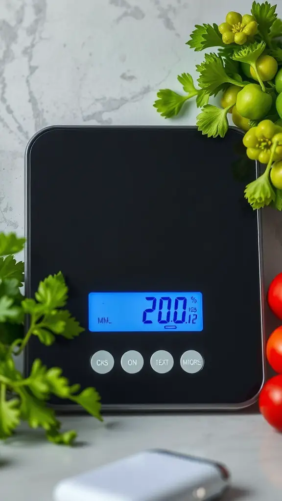 25 Unique Kitchen Gadgets You Didn't Know You Needed 11 A digital kitchen scale with a nutritional calculator, surrounded by fresh herbs and tomatoes.