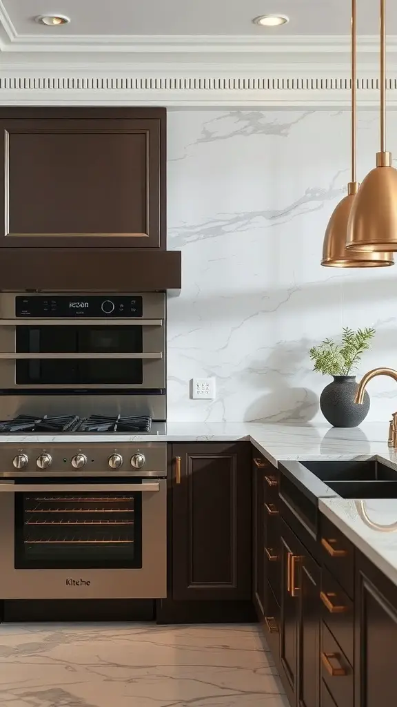 29+ Stunning Double Oven Kitchen Layout Ideas 15 Elegant kitchen featuring double ovens, marble countertops, and dark cabinetry.