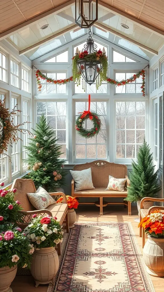 27+ Cozy Cottage Sunroom Ideas You’ll Love 16 A cozy sunroom decorated for the holidays with wreaths, garlands, and small evergreen trees.
