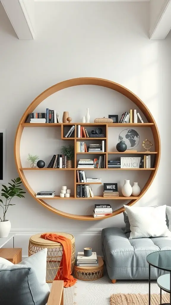 23+ Creative DIY Bookshelf Ideas 14 A modern circular bookshelf displaying books and decorative items in a cozy living room setting.