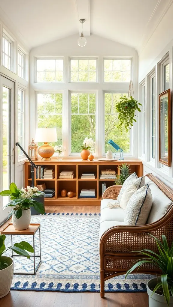 29+ Stunning Porch to Sunroom Conversion Ideas to Transform Your Home 13 A bright sunroom with large windows, a cozy sofa, and smart storage solutions.