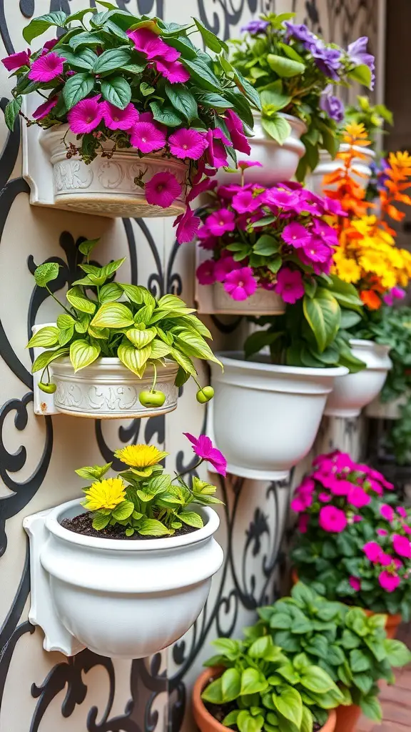 Colorful wall planters with various flowers and greenery.