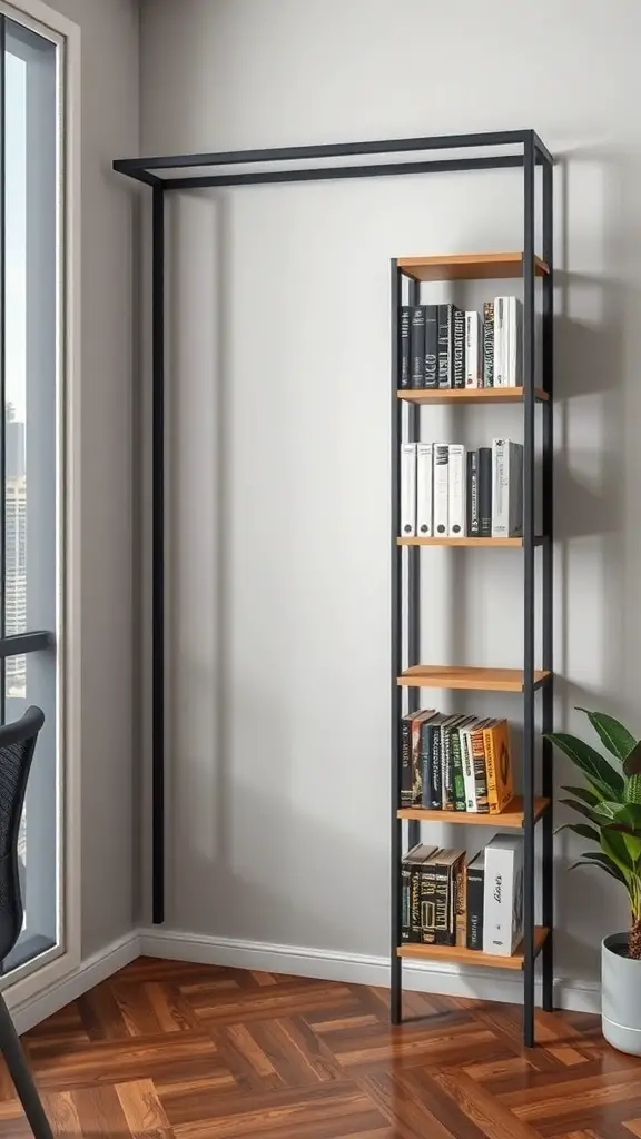 A modern corner bookshelf with black metal frame and wooden shelves, positioned in a bright room.