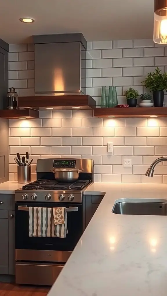 A modern kitchen featuring a shiplap backsplash with accent lighting, showcasing a cozy and inviting atmosphere.