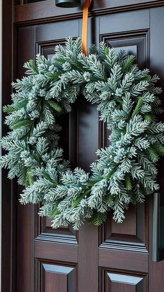 A frosted pine and cedar wreath hanging on a dark wood door.