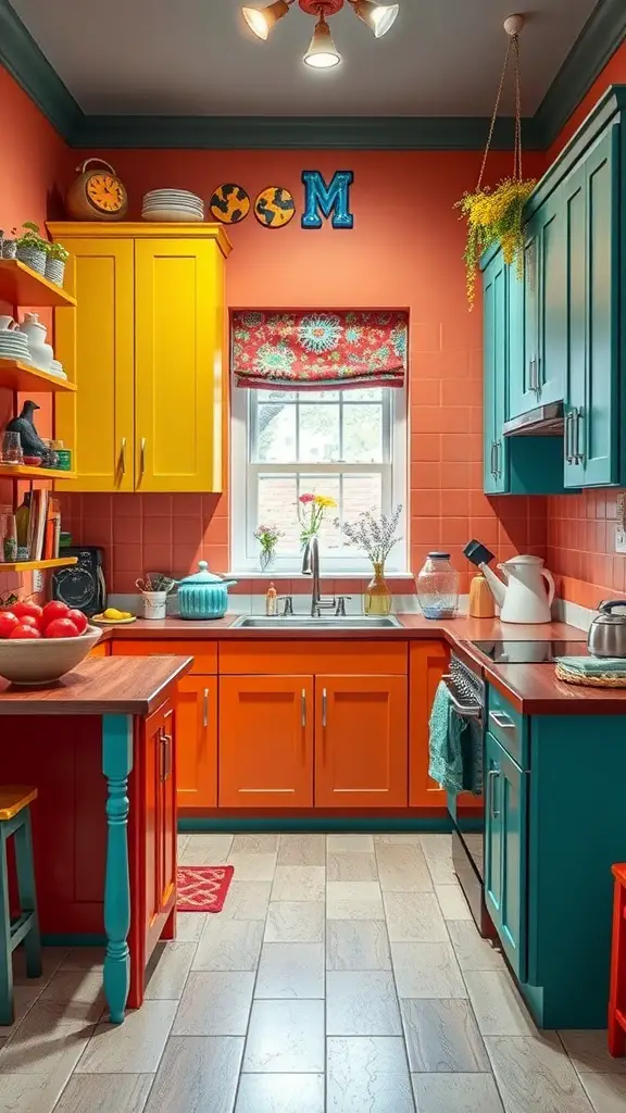 A colorful kitchen featuring yellow, teal, and orange cabinets with a coral wall.