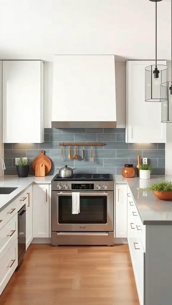 A modern kitchen with a shiplap backsplash, white cabinetry, and stainless steel appliances.