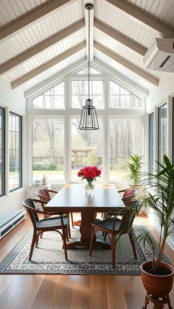 A bright sunroom dining area with a wooden table, chairs, and plants