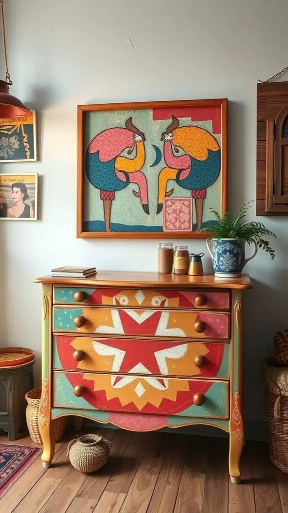 A colorful painted dresser with unique patterns and designs, surrounded by bohemian decor.